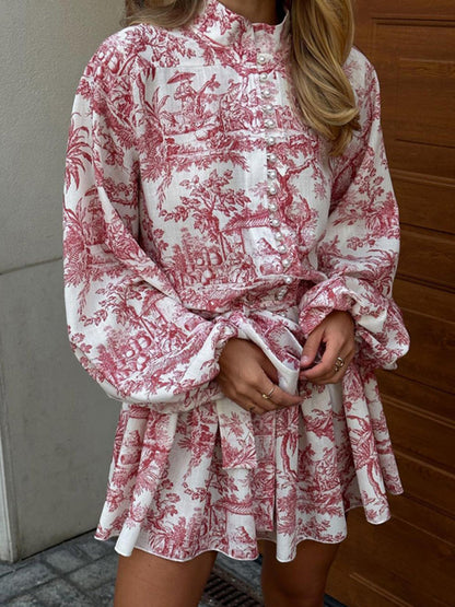 Vestido corto mujer de linea A con lazo y estampado artistico