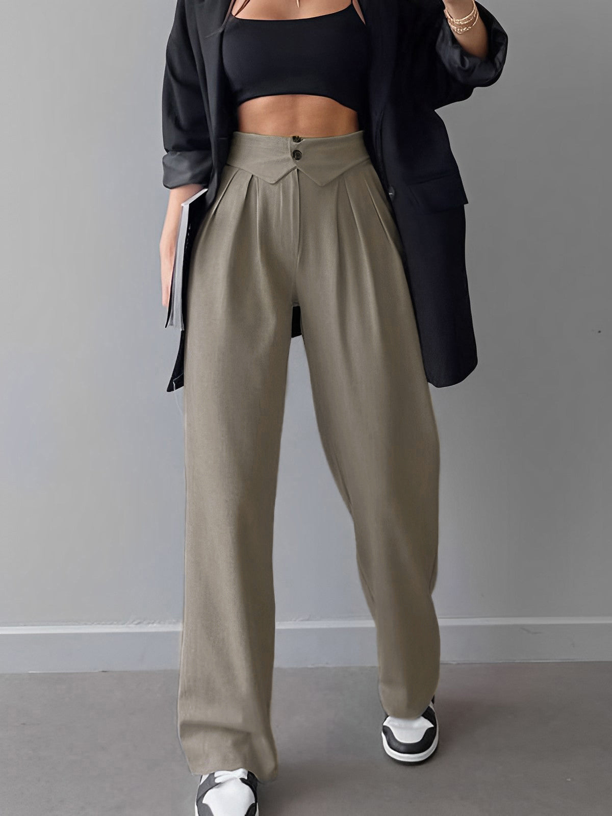 Pantalones Mujer Pierna Recta Algodón Cintura Doblada