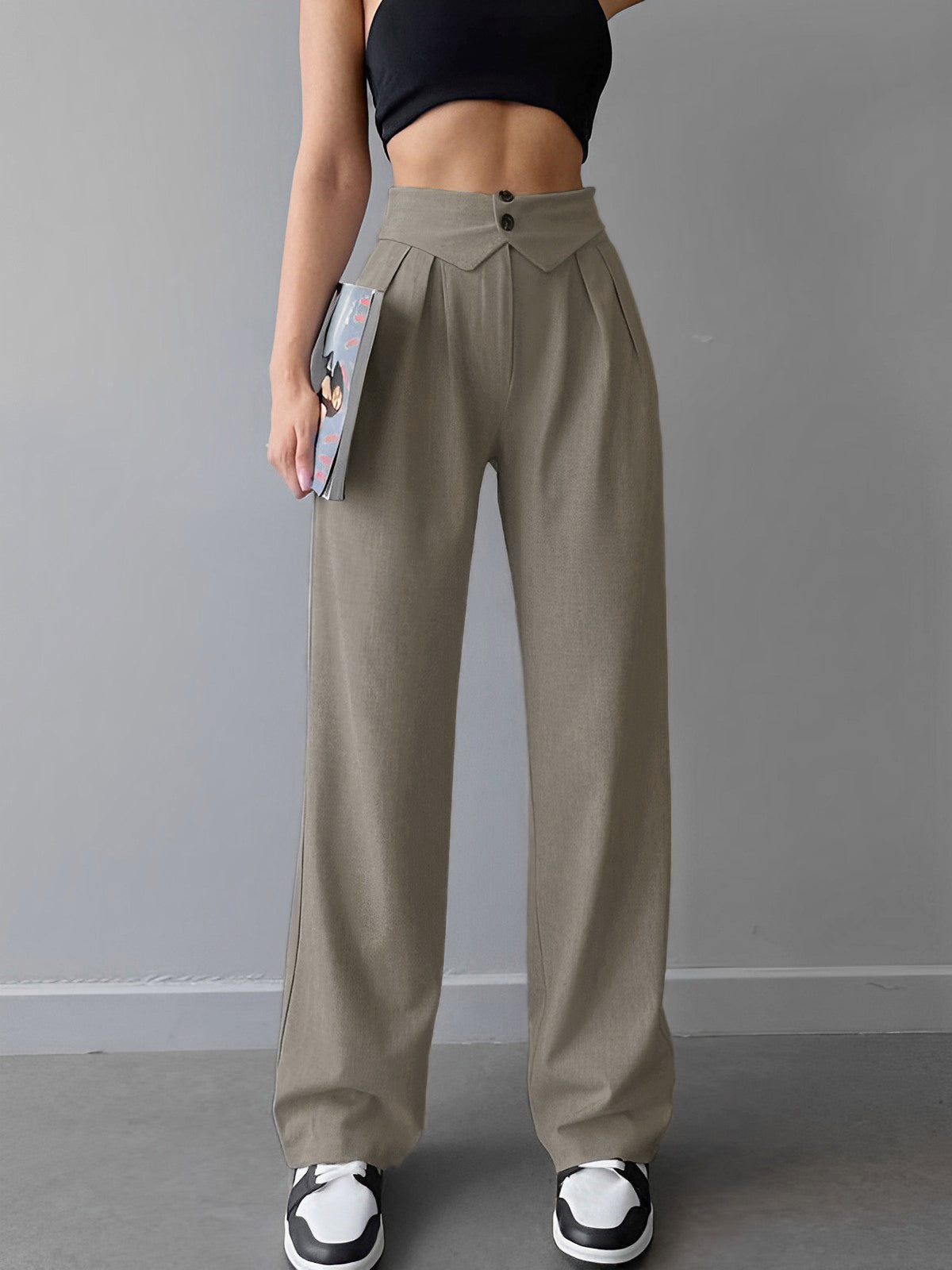 Pantalones Mujer Pierna Recta Algodón Cintura Doblada - Mavetta