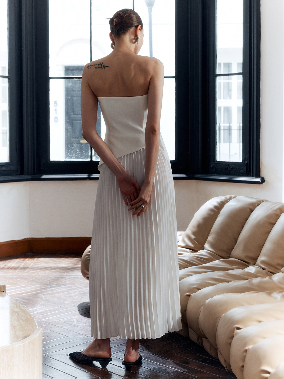 Vestido largo mujer plisado sin tirantes abertura lateral