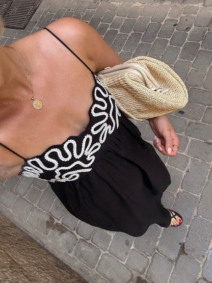 Vestido largo mujer con tirantes finos bordado elegante