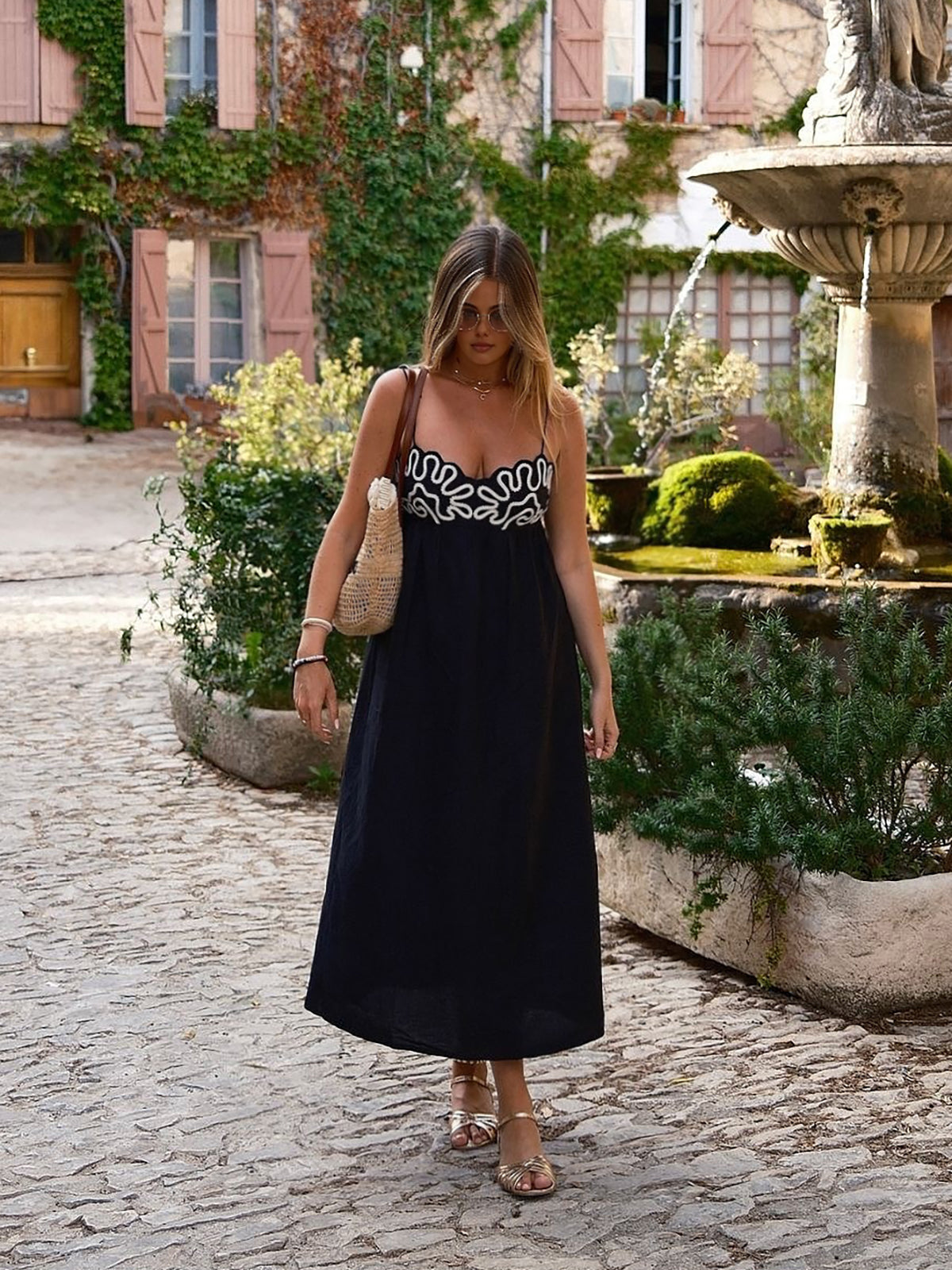 Vestido largo mujer con tirantes finos bordado elegante