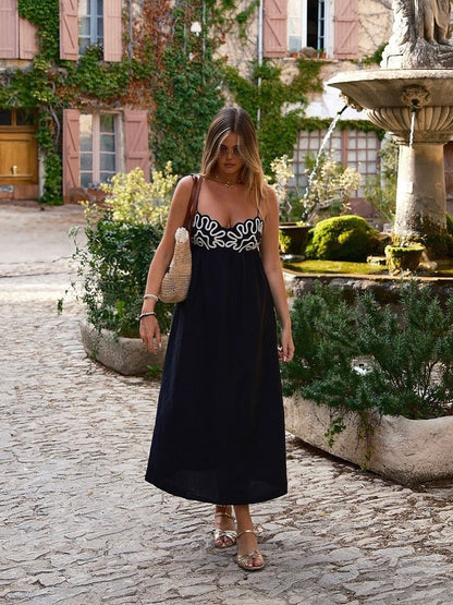 Vestido largo mujer con tirantes finos bordado elegante