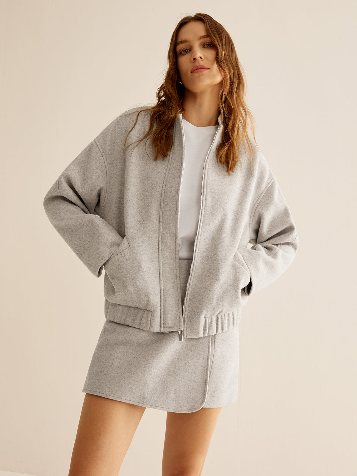 Chaqueta Bomber Mujer Tacto Lana Cremallera Cuello Canalé