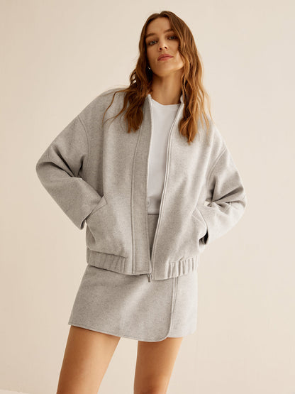 Chaqueta Bomber Mujer Tacto Lana Cremallera Cuello Canalé