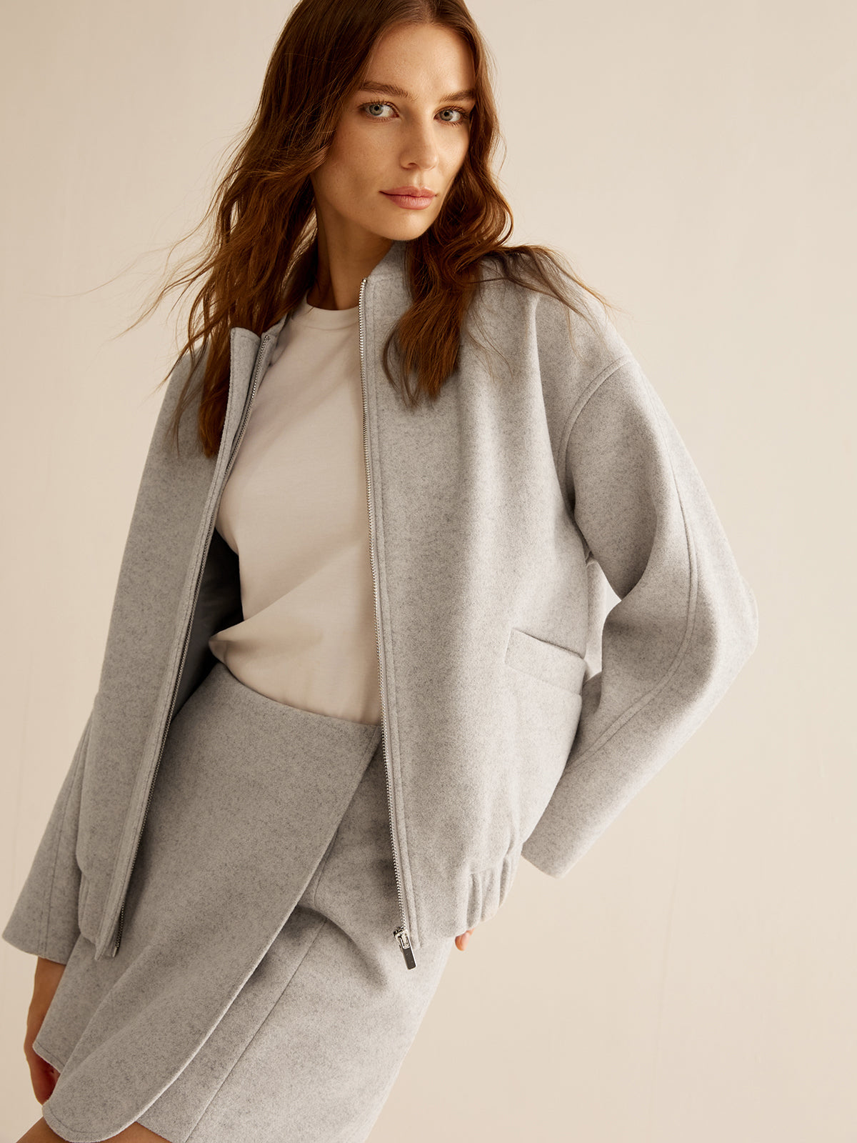 Chaqueta Bomber Mujer Tacto Lana Cremallera Cuello Canalé