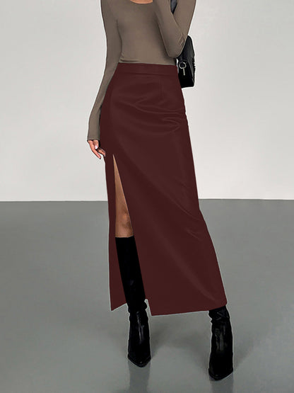 Falda midi mujer de cuero sintético con abertura lateral