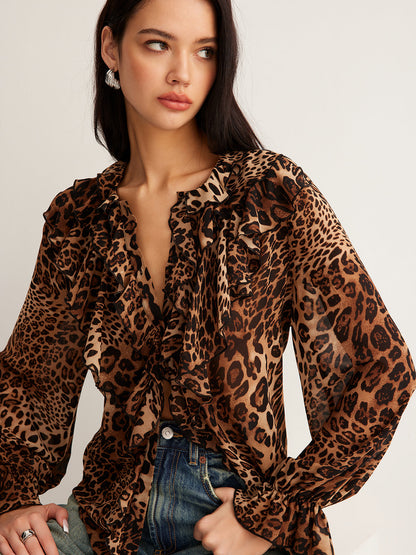 Blusa Mujer Estampado Leopardo Mangas Volantes - Mavetta