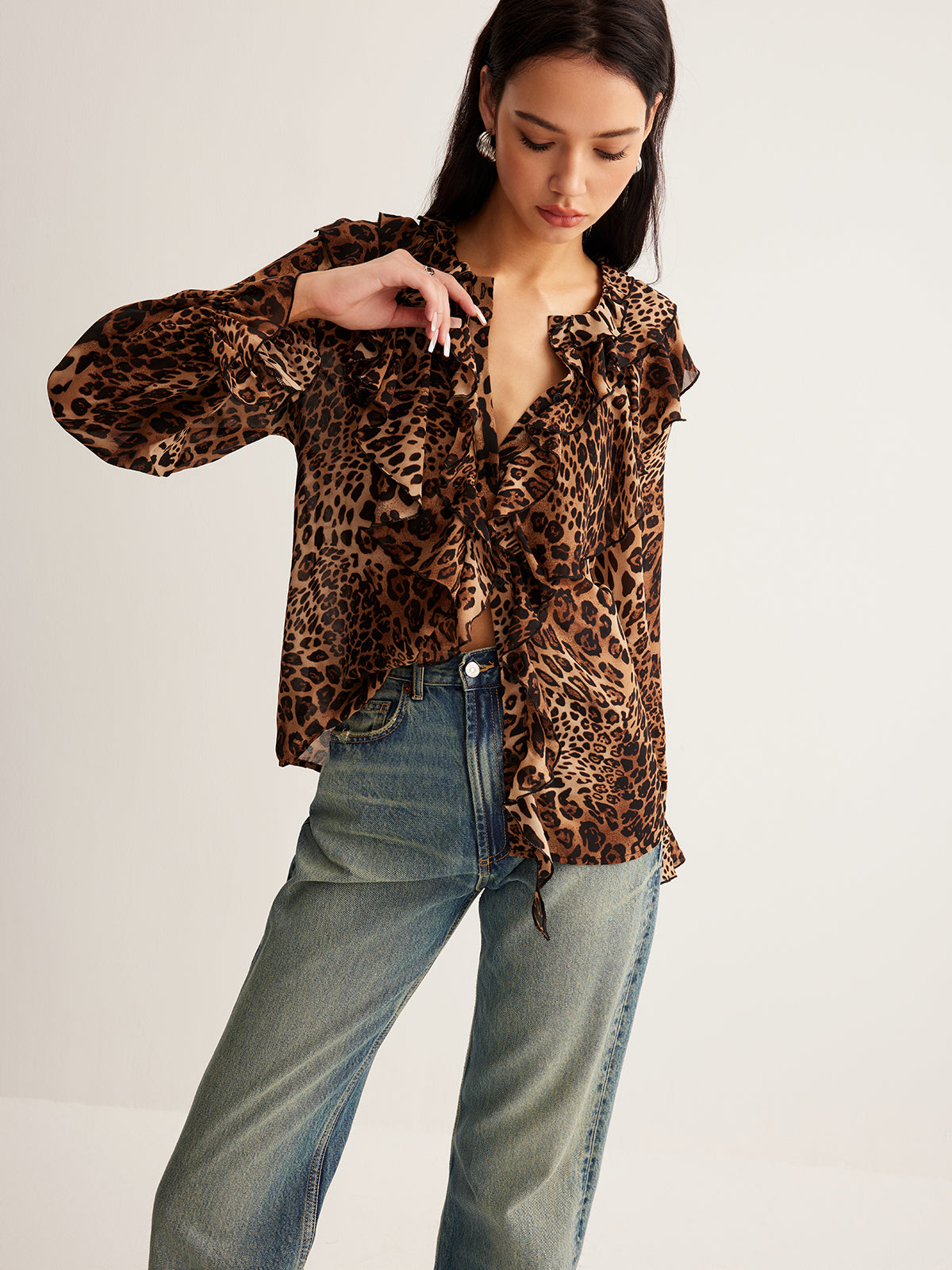 Blusa Mujer Estampado Leopardo Mangas Volantes
