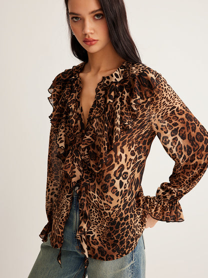 Blusa Mujer Estampado Leopardo Mangas Volantes