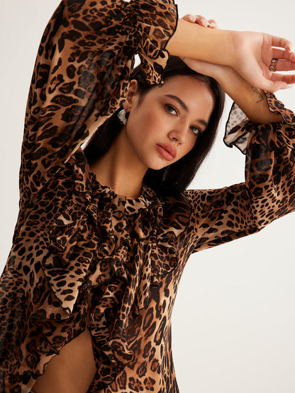 Blusa Mujer Estampado Leopardo Mangas Volantes