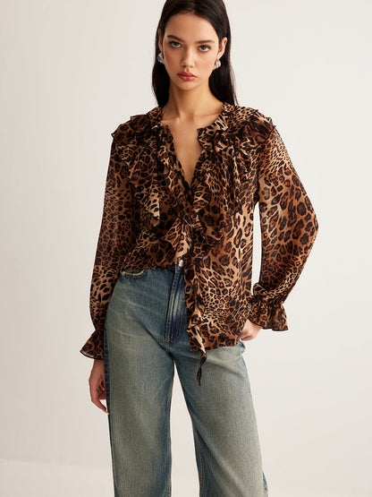 Blusa Mujer Estampado Leopardo Mangas Volantes