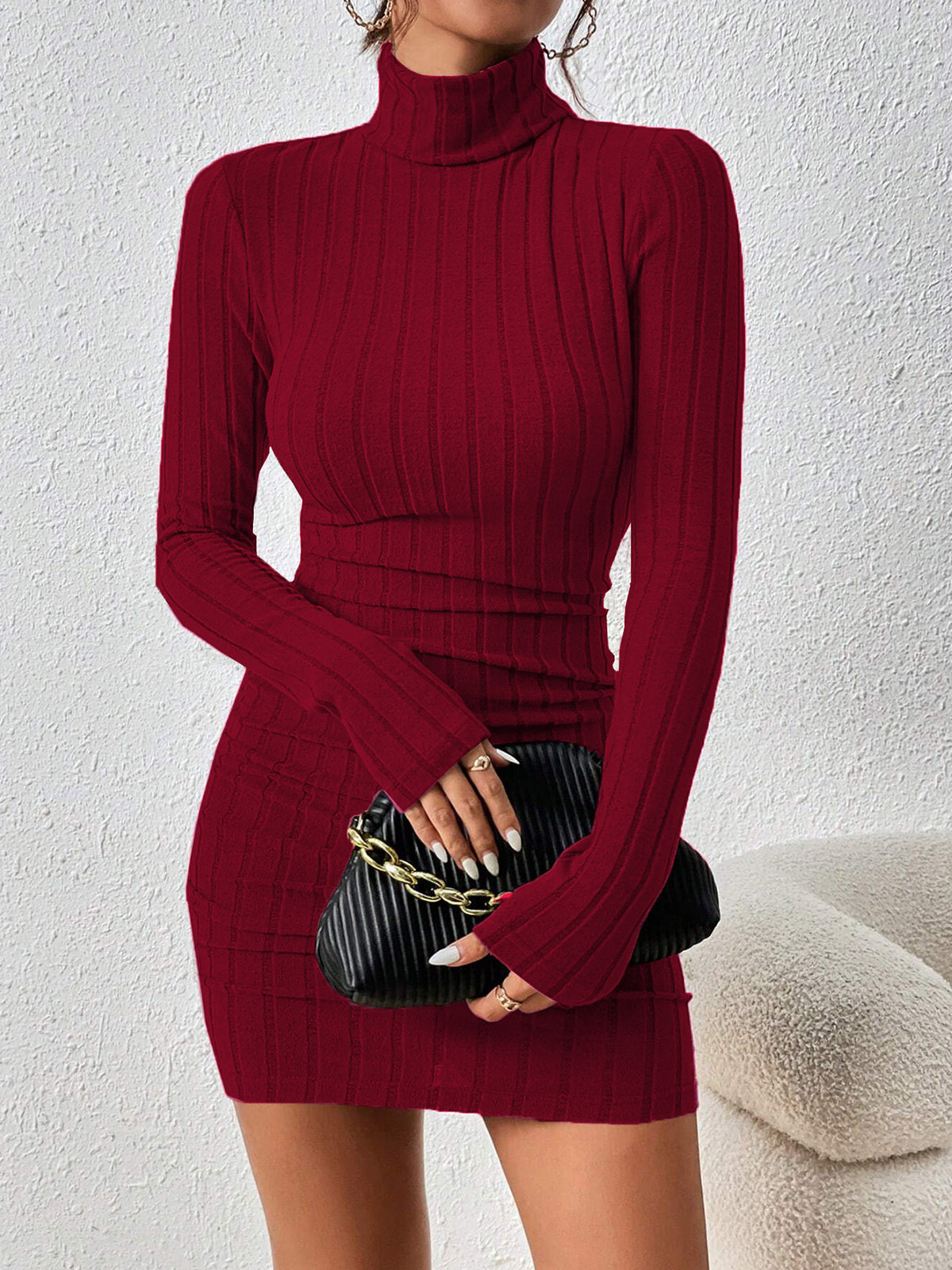Vestido Midi Mujer de Canalé Cuello Alto Ajustado