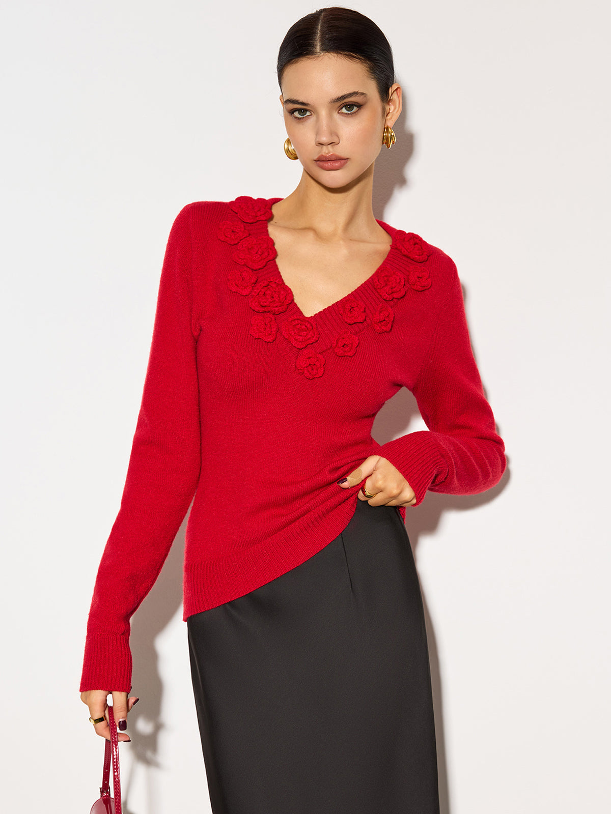 Mujer Ceñido de Plumeti con Escote en V y Flores 3D - Mavetta