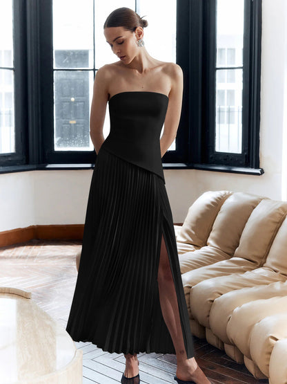 Vestido largo mujer plisado sin tirantes abertura lateral