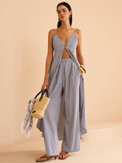 Conjunto Mujer Camisón Rayas y Pantalones Pierna Ancha
