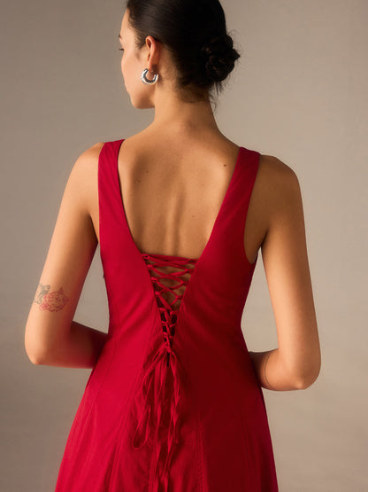 Vestido largo mujer con espalda de cordones