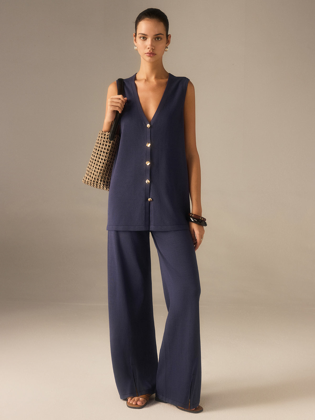 Conjunto Mujer Chaleco con Botones y Pantalones Pierna Ancha