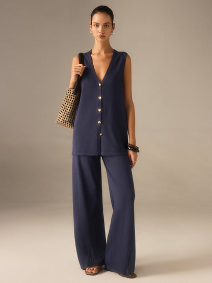 Conjunto Mujer Chaleco con Botones y Pantalones Pierna Ancha