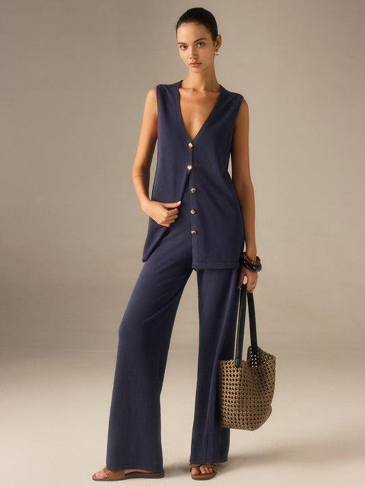 Conjunto Mujer Chaleco con Botones y Pantalones Pierna Ancha - Mavetta