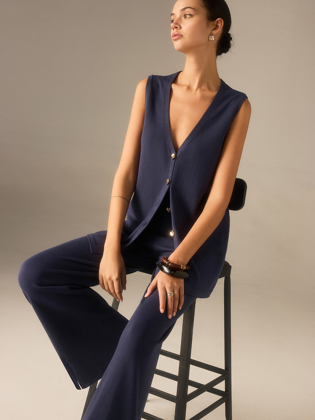 Conjunto Mujer Chaleco con Botones y Pantalones Pierna Ancha
