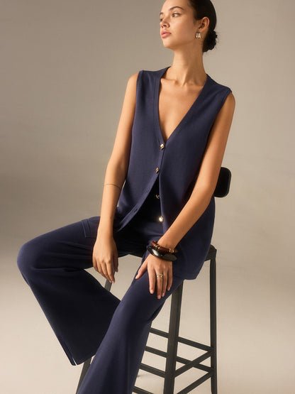 Conjunto Mujer Chaleco con Botones y Pantalones Pierna Ancha