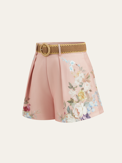 Pantalones cortos mujer talle alto con cinturón estampado floral