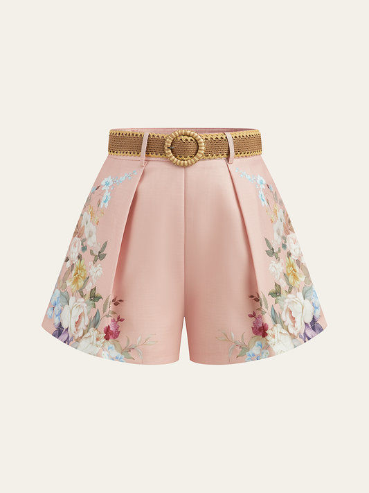 Pantalones cortos mujer talle alto con cinturón estampado floral - Mavetta