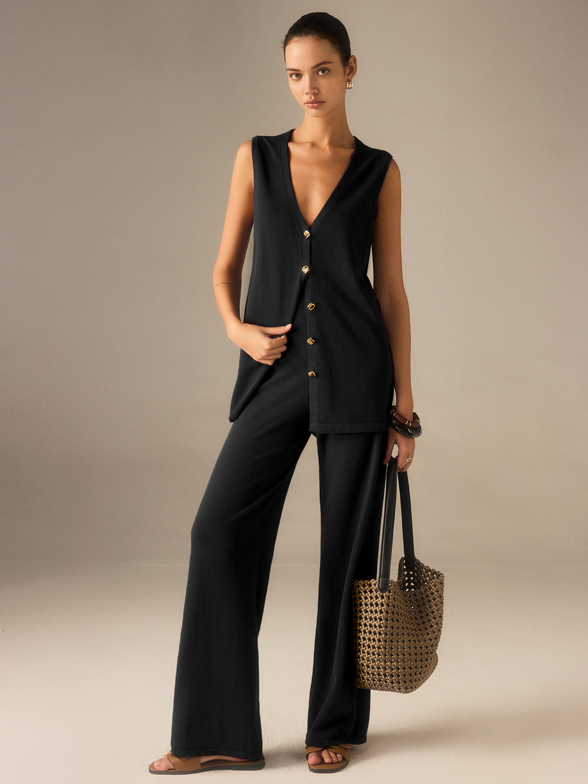 Conjunto Mujer Chaleco con Botones y Pantalones Pierna Ancha