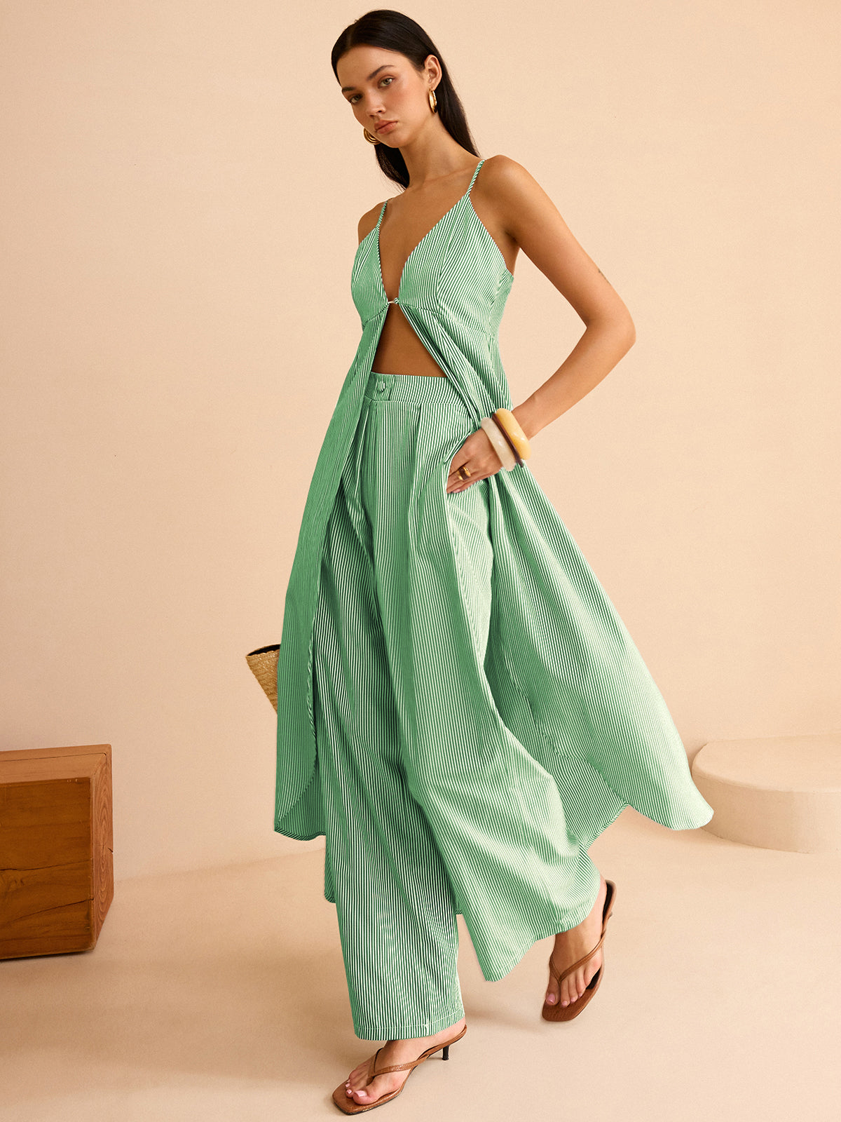 Conjunto Mujer Camisón Rayas y Pantalones Pierna Ancha