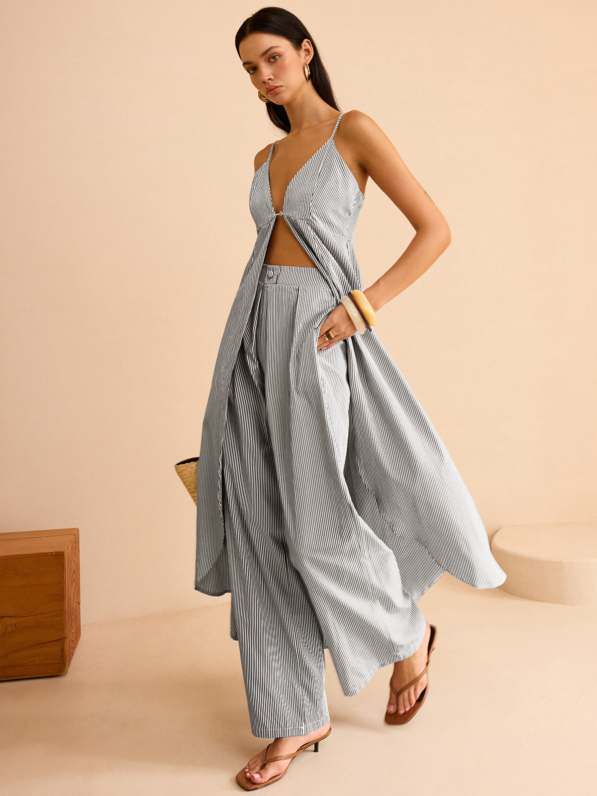 Conjunto Mujer Camisón Rayas y Pantalones Pierna Ancha