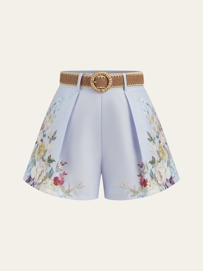 Pantalones cortos mujer talle alto con cinturón estampado floral