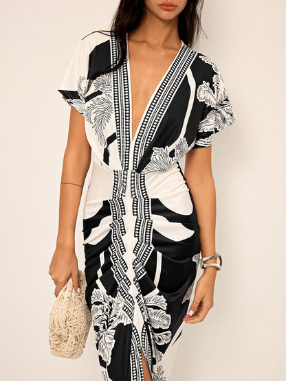 Vestido midi Mujer Estampado Escote en V Sin Mangas