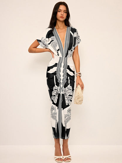 Vestido midi Mujer Estampado Escote en V Sin Mangas
