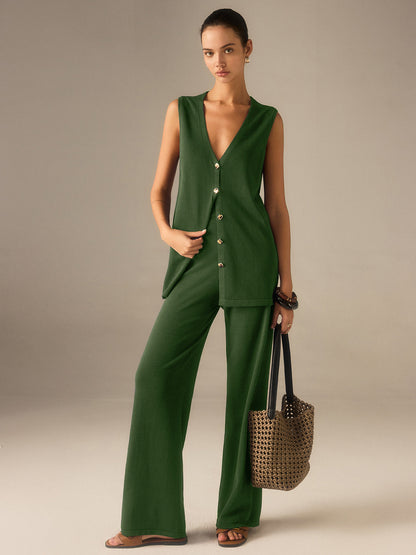Conjunto Mujer Chaleco con Botones y Pantalones Pierna Ancha