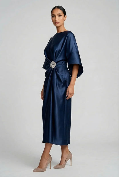 Vestido Midi Mujer de Satén Manga Murciélago Broche Joya