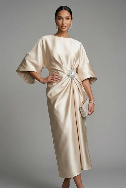 Vestido Midi Mujer de Satén Manga Murciélago Broche Joya