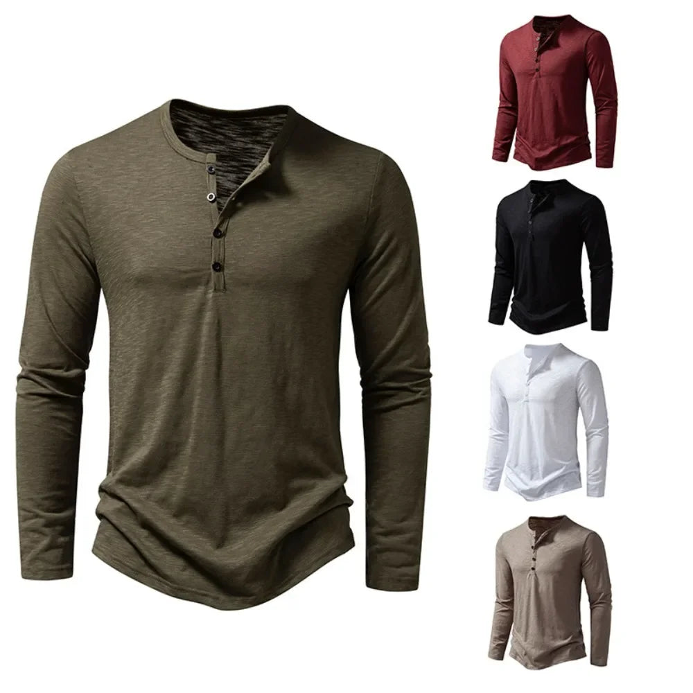 Camiseta Hombre Manga Larga Algodón Botones en Escote