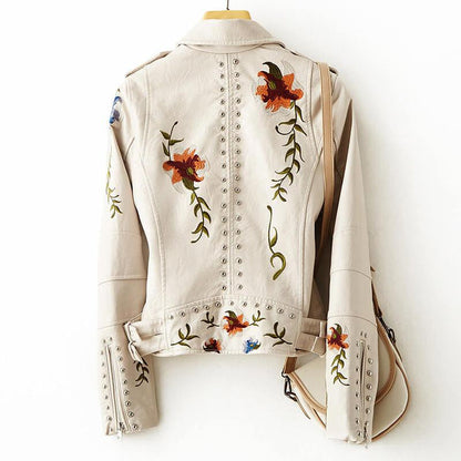 Chaqueta Biker Mujer Cuero Sintético Bordados Tachuelas