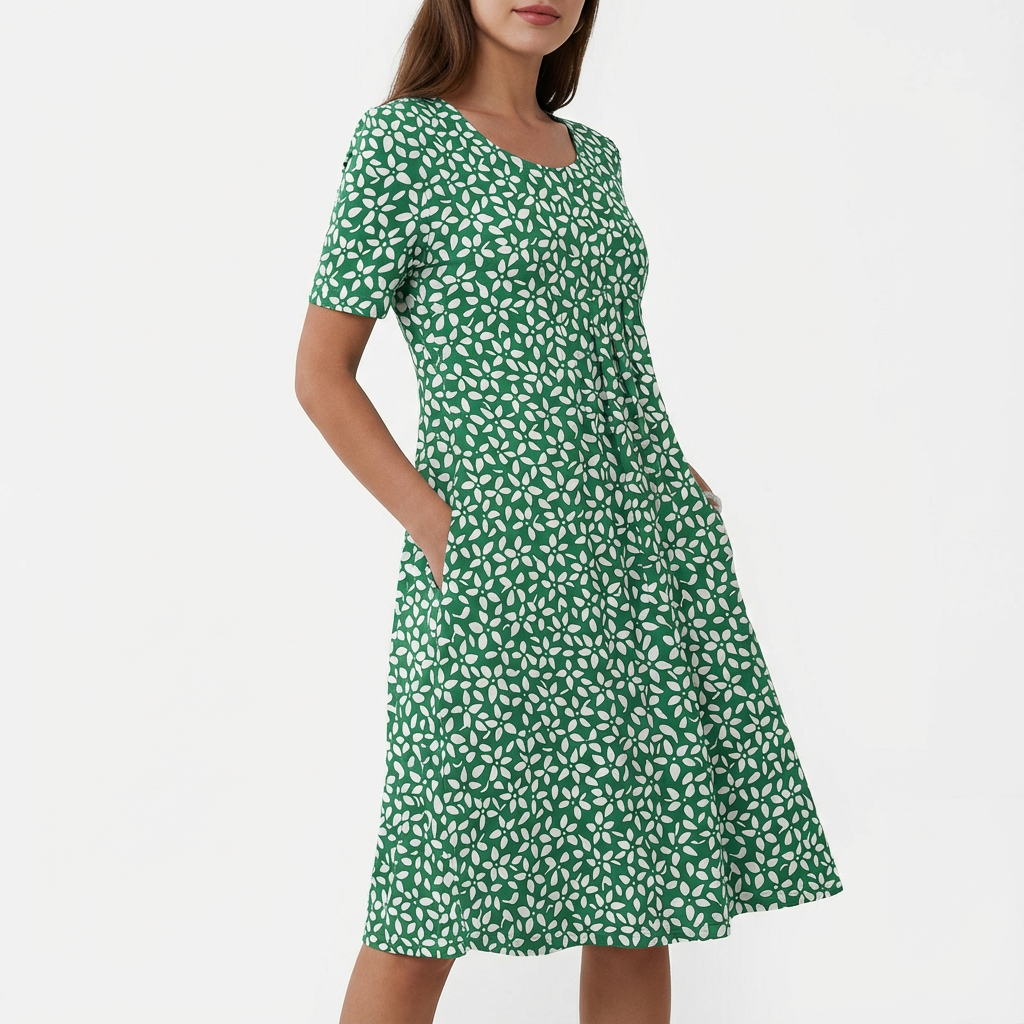 Vestido Midi Mujer Estampado Floral Manga Corta Escote Redondo