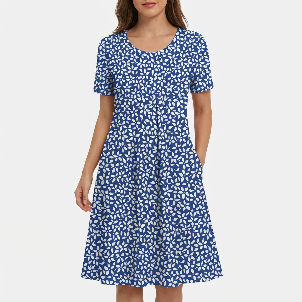 Vestido Midi Mujer Estampado Floral Manga Corta Escote Redondo