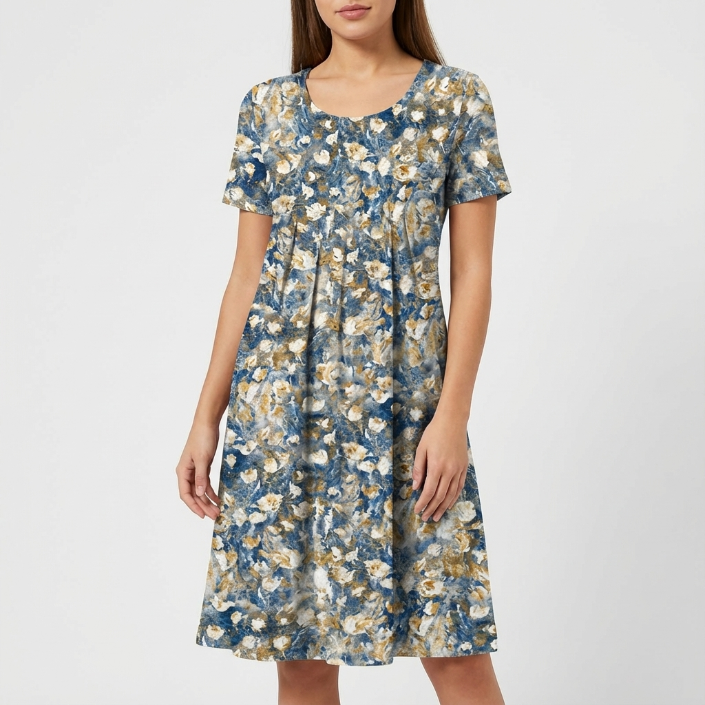 Vestido Midi Mujer Estampado Floral Manga Corta Escote Redondo