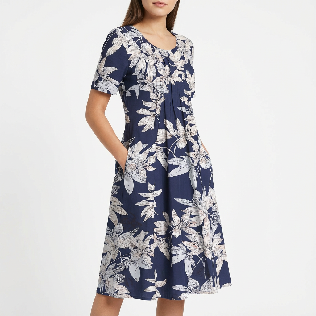 Vestido Midi Mujer Estampado Floral Manga Corta Escote Redondo