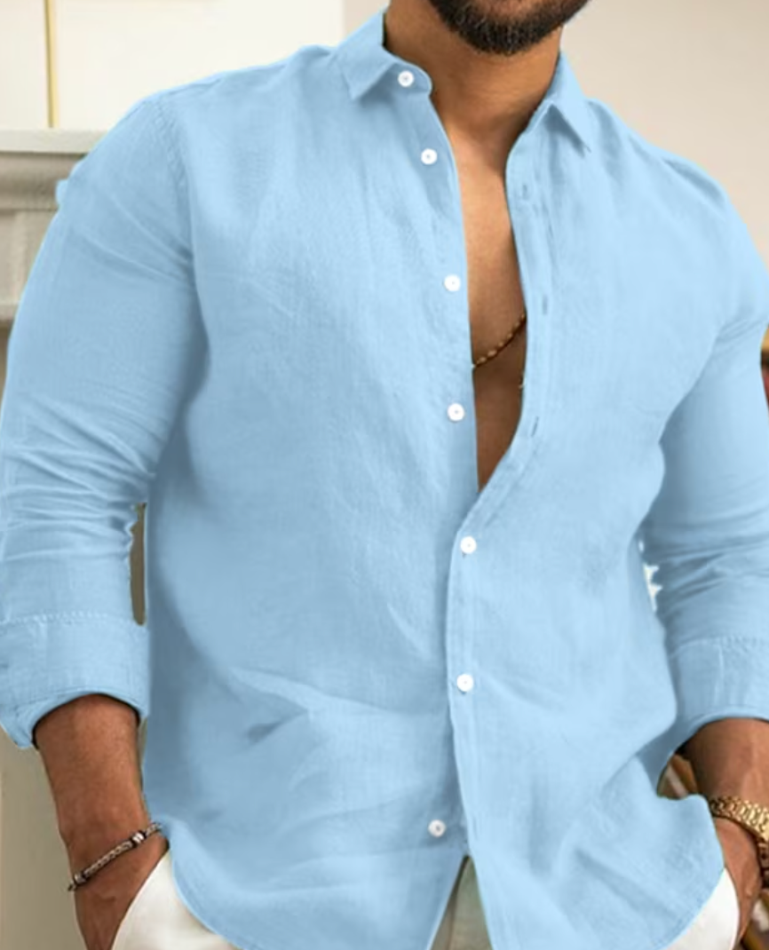 Camisa hombre de lino ligera manga larga transpirable