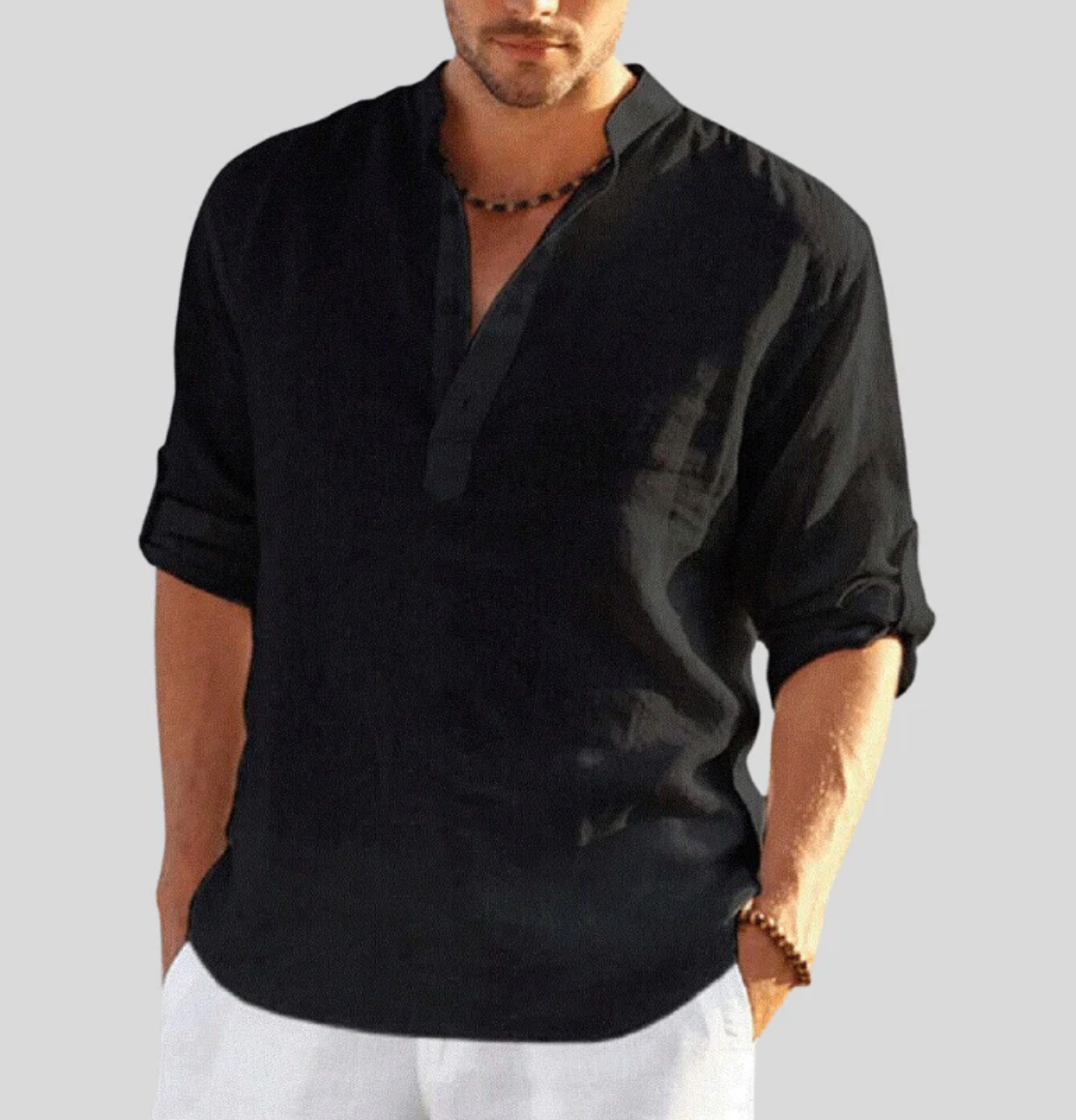 Camisa Hombre Casual Algodón Cuello Abierto Manga Larga