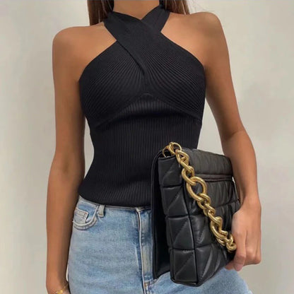 Mujer de Punto Acanalado Cruzado Estilo Halter
