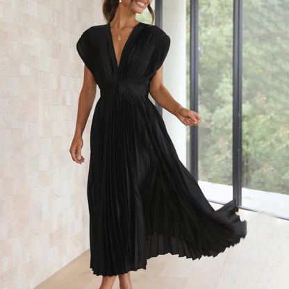 Vestido Mujer Plisado Gasa Escote en V Espalda Descubierta
