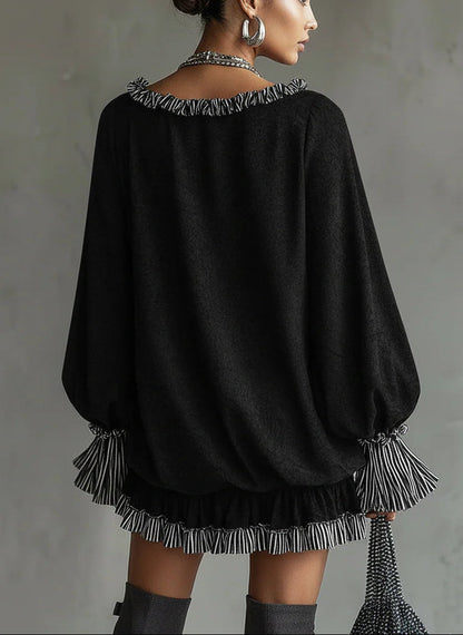 Vestido mini mujer efecto ante con volantes y detalles a rayas