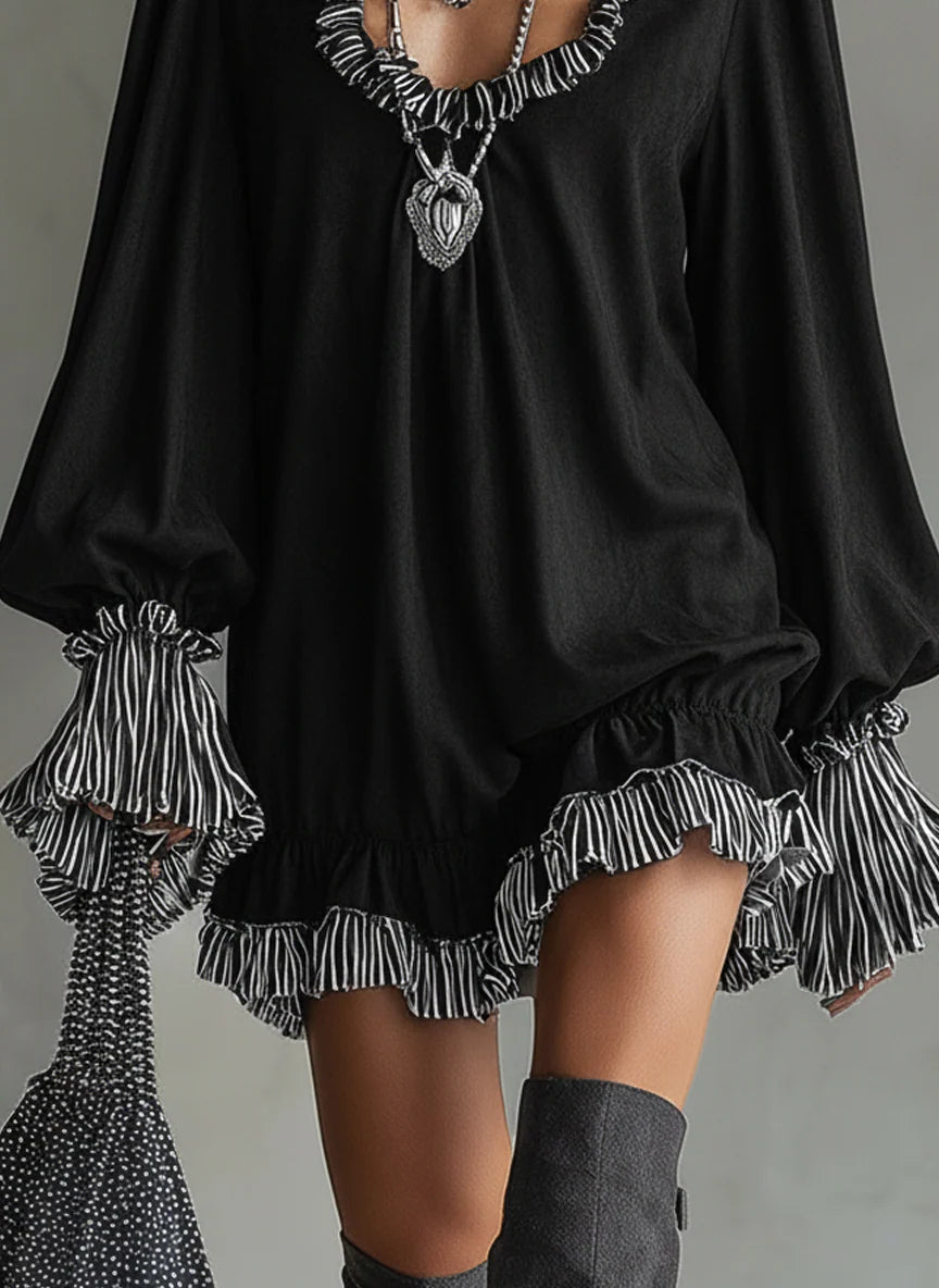 Vestido mini mujer efecto ante con volantes y detalles a rayas