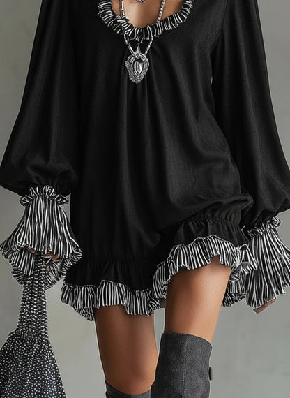Vestido mini mujer efecto ante con volantes y detalles a rayas